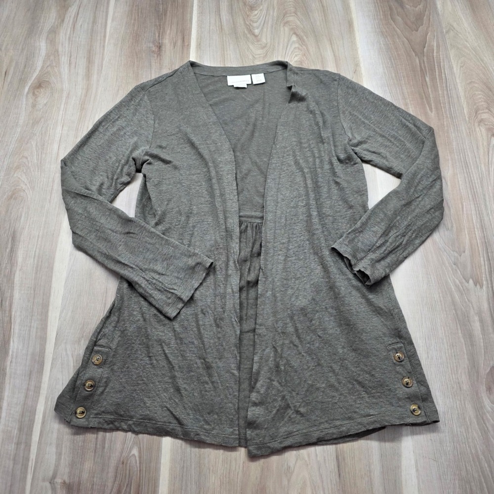 Cynthia Rowley Cardigan 100% Linen Open Front Empire Waist Green Medium Womens